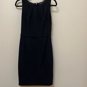 Tahari little black dress stretchy size 8 with waist strap and pleated neck